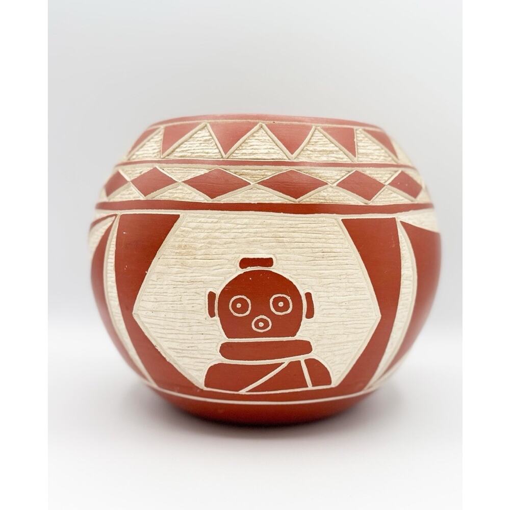 Laguna Pueblo Pottery Vase Bowl Signed P Lucario Mudhead Kachina Carved 8.5"x7"